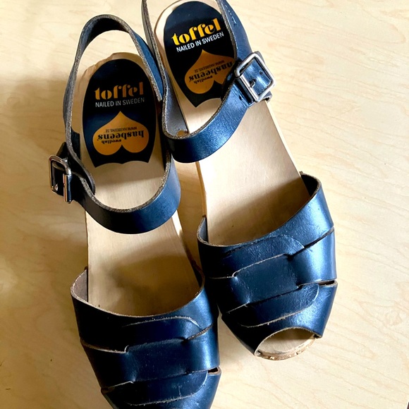 Blue Swedish Hasbeen Peep-toe Clogs with ankle strap size 38 (7.5 - 8 US) - Picture 3 of 5